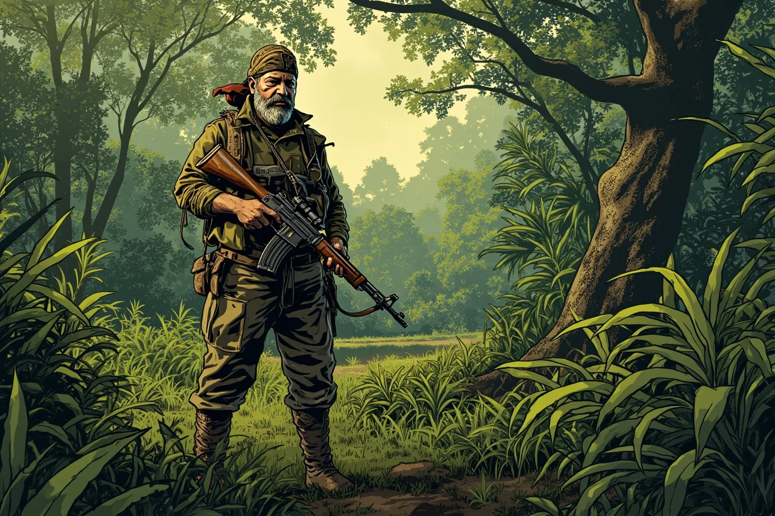 24 Historical Figures Who Became Martyrs for Their Cause 13 Illustration of a bearded revolutionary figure in military fatigues standing in a Latin American jungle clearing