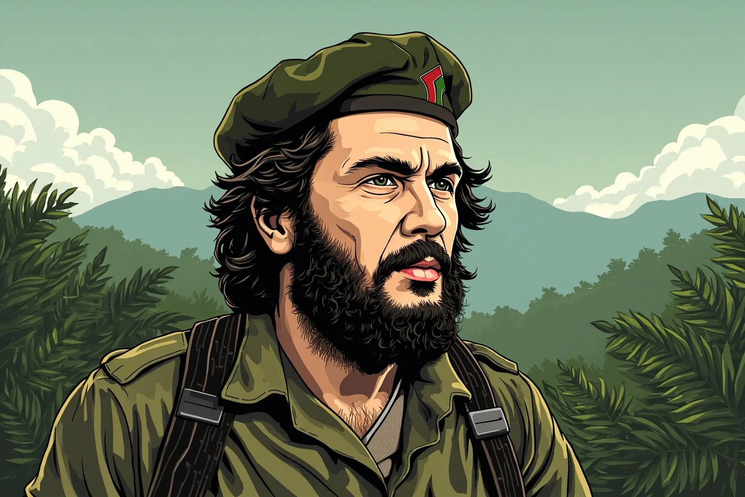 Historical Villains Who Were Actually Heroes 20 Illustration of a bearded revolutionary in military fatigues and beret standing before a jungle mountain backdrop, symbolic non-likeness style