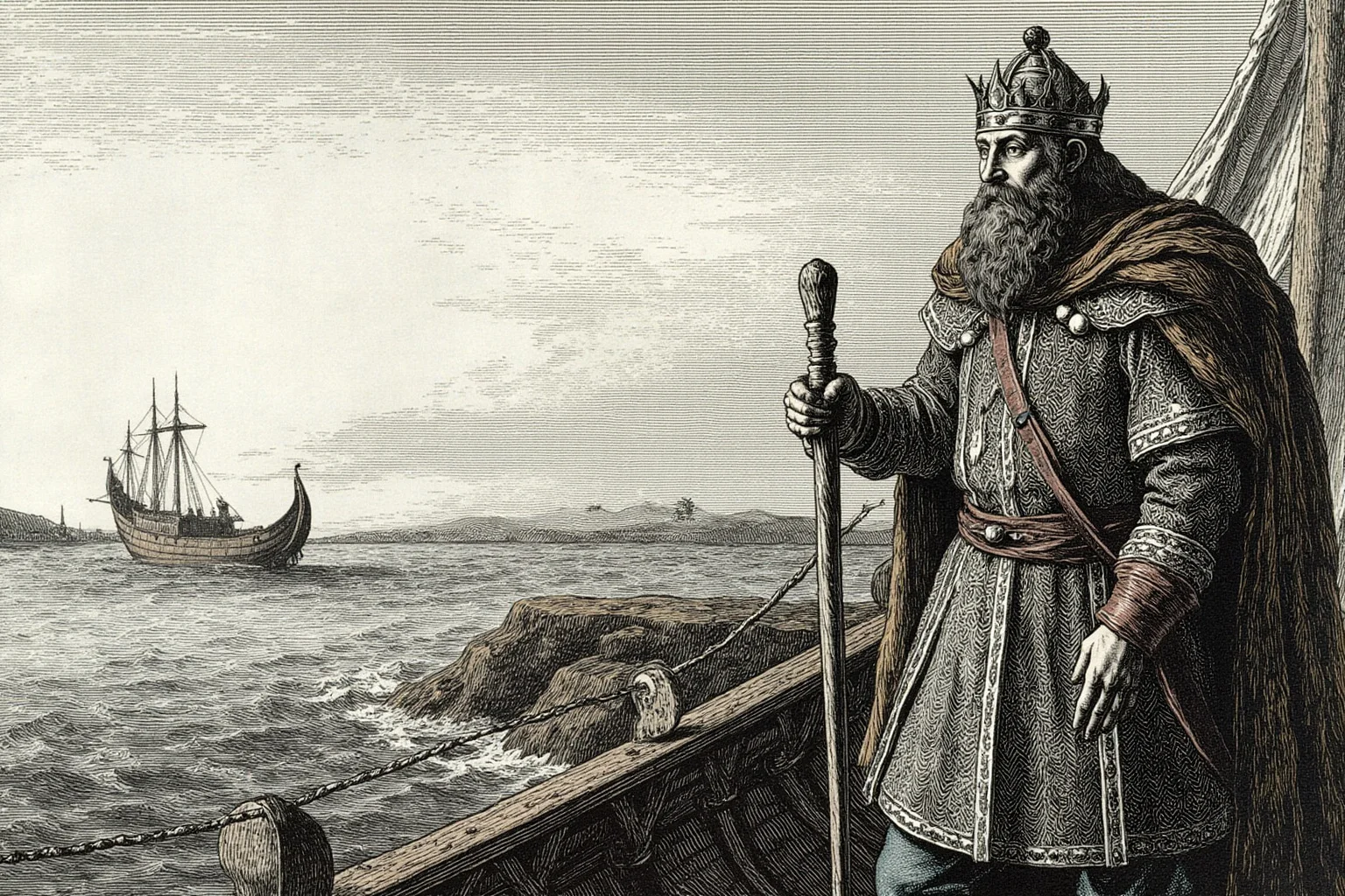 Monarchs Whose Reigns Were Hilariously Short 4 Illustration of a bearded Viking-era king standing on a longship near the English coast under a grey sky