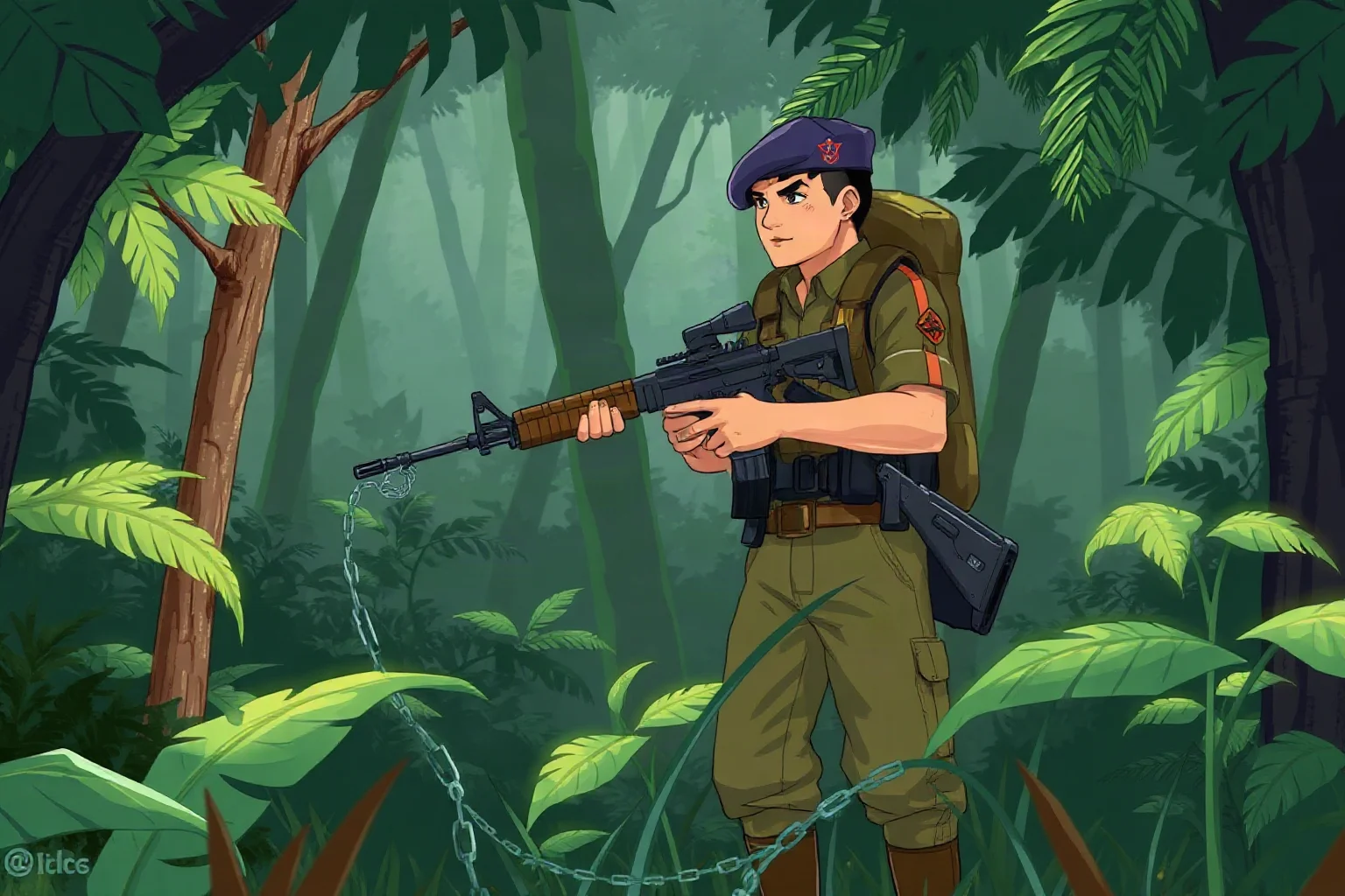 Illustration of a beret-wearing guerrilla fighter with a rifle standing in dense jungle terrain