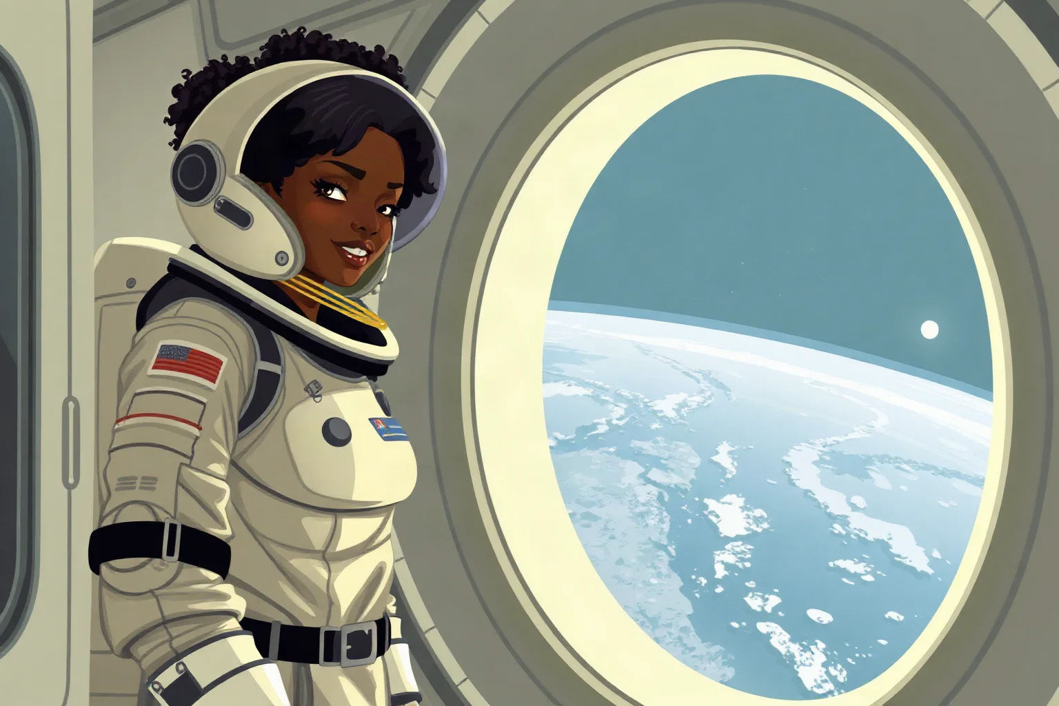Illustration of a Black woman astronaut in a space suit standing beside a shuttle window with Earth visible outside