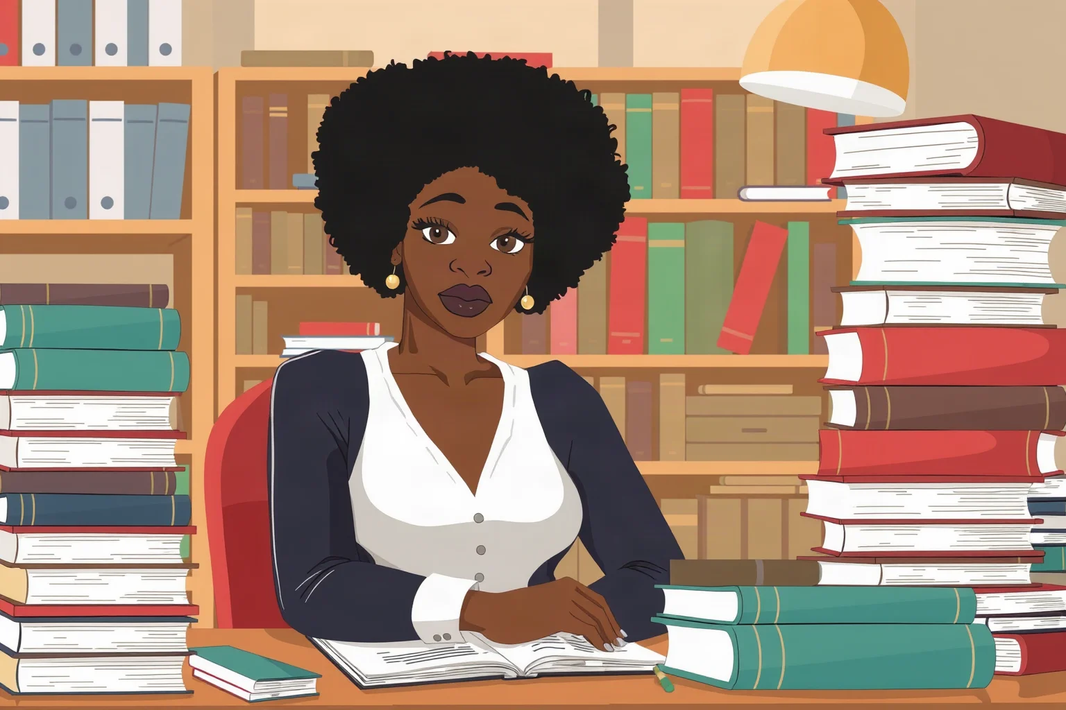 Illustration of a Black woman author seated thoughtfully at a writing desk surrounded by stacks of novels