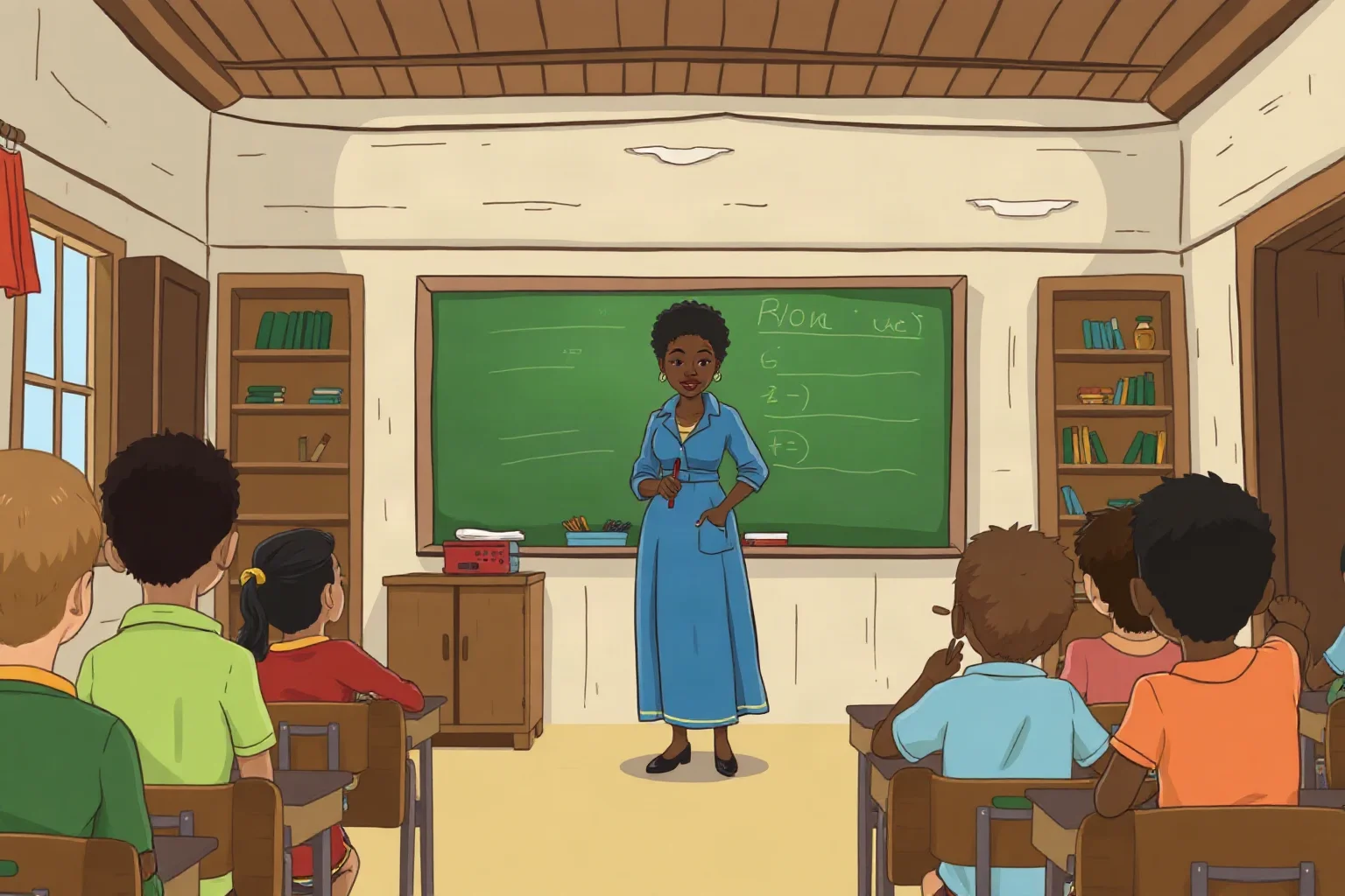 Illustration of a Black woman educator standing before a chalkboard in a modest schoolhouse full of young students