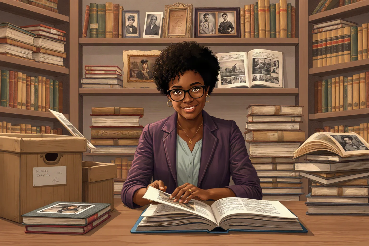 Illustration of a Black woman historian surrounded by archival boxes, old photographs, and open history books in a library