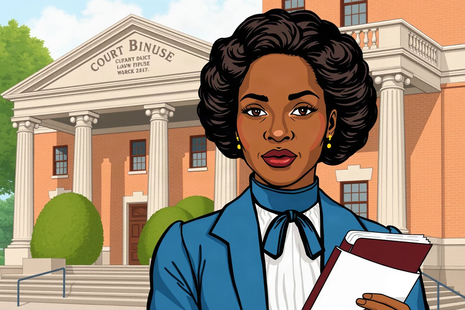 Illustration of a Black woman in early 1900s formal attire holding a law book beside a courthouse building