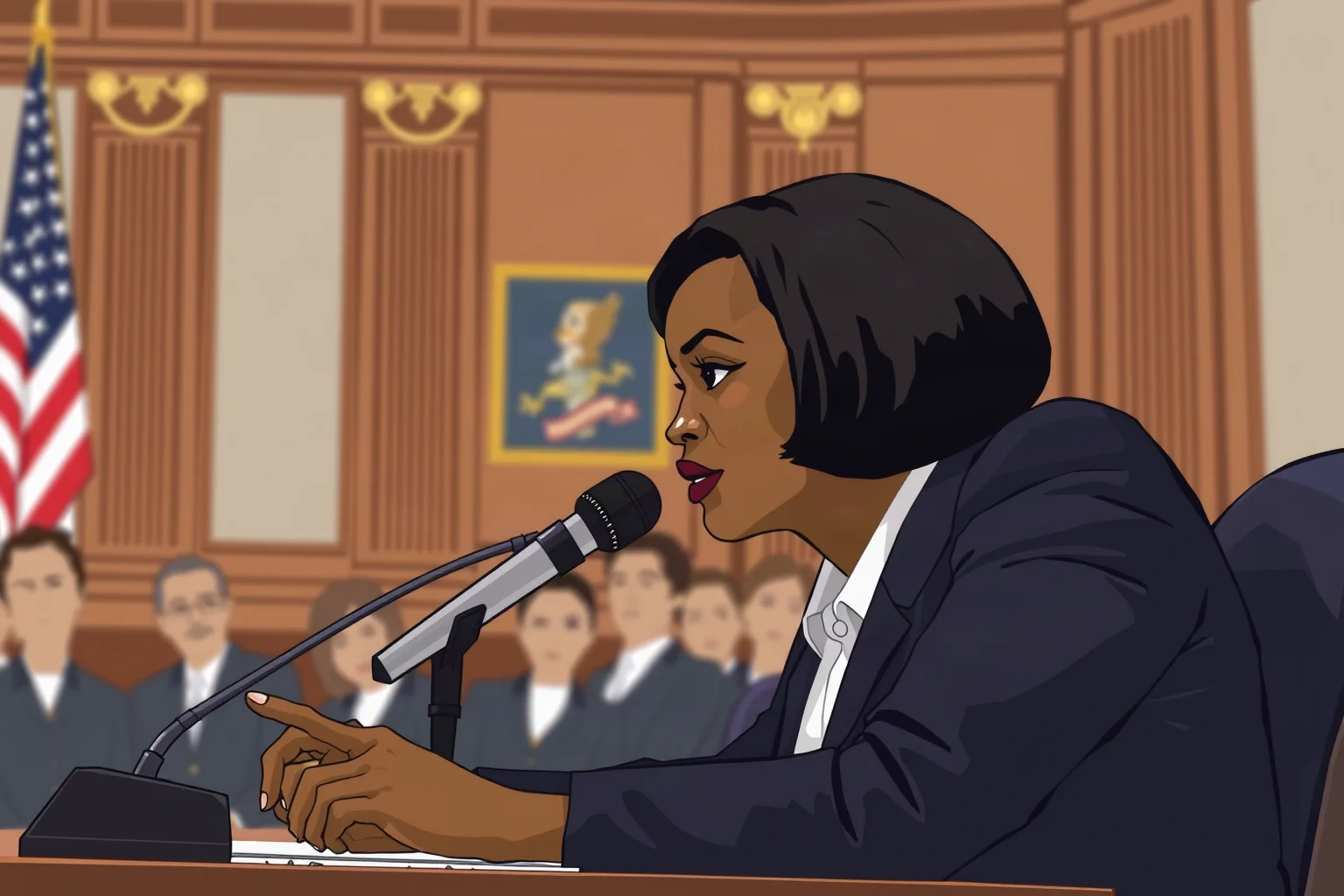 Illustration of a Black woman in formal attire seated at a legislative hearing table speaking into a microphone