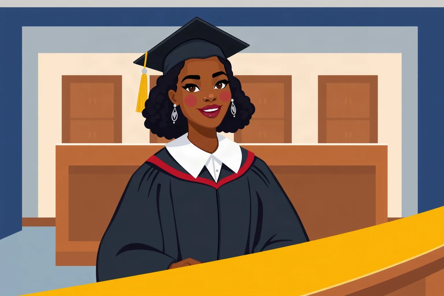 Illustration of a Black woman judge in graduation-style academic robes standing before a courtroom bench