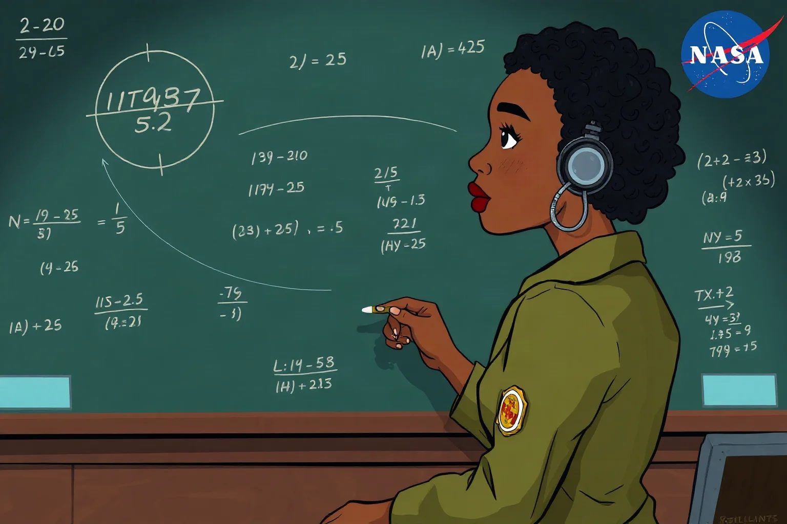 Illustration of a Black woman mathematician at a chalkboard filled with orbital trajectory equations, NASA control room in background