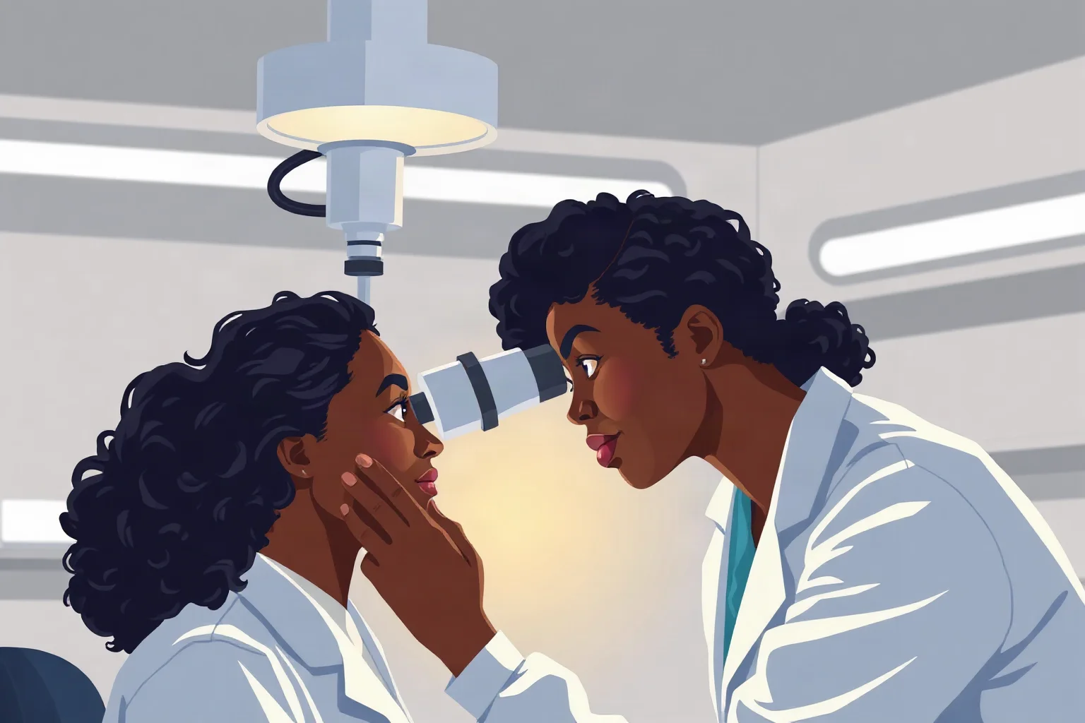 Illustration of a Black woman ophthalmologist examining a medical device under laboratory lighting