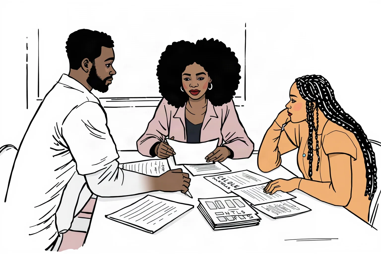 Illustration of a Black woman organizer sitting at a table with young activists reviewing handwritten notes and flyers