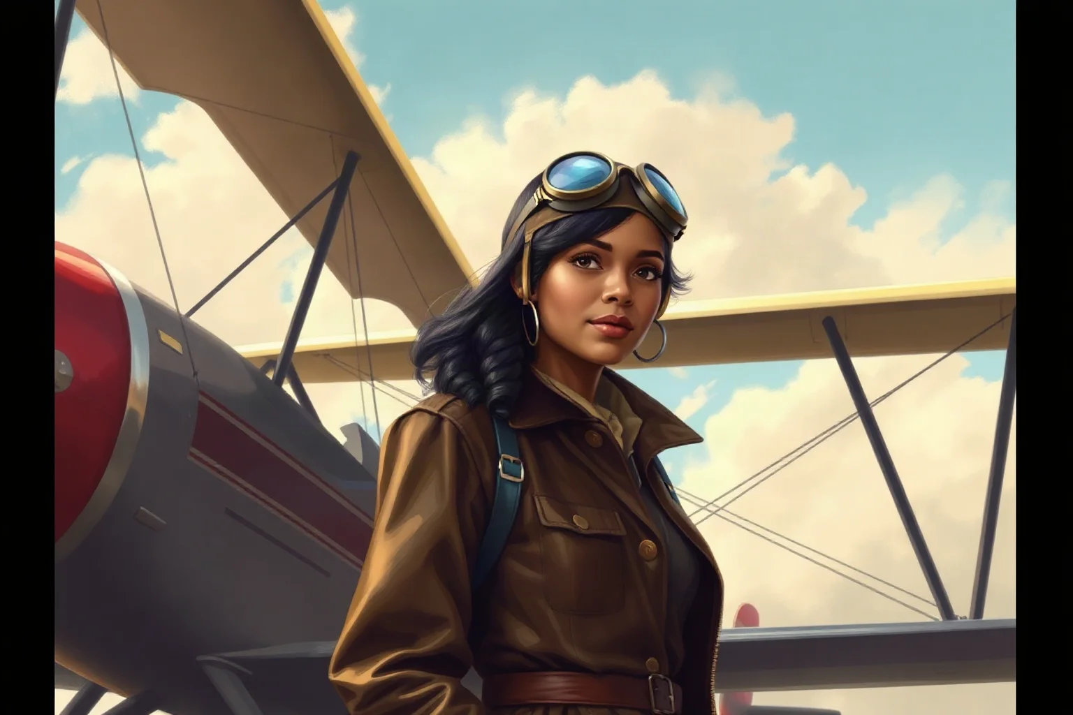 Illustration of a Black woman pilot in early aviation goggles and leather jacket standing beside a 1920s biplane