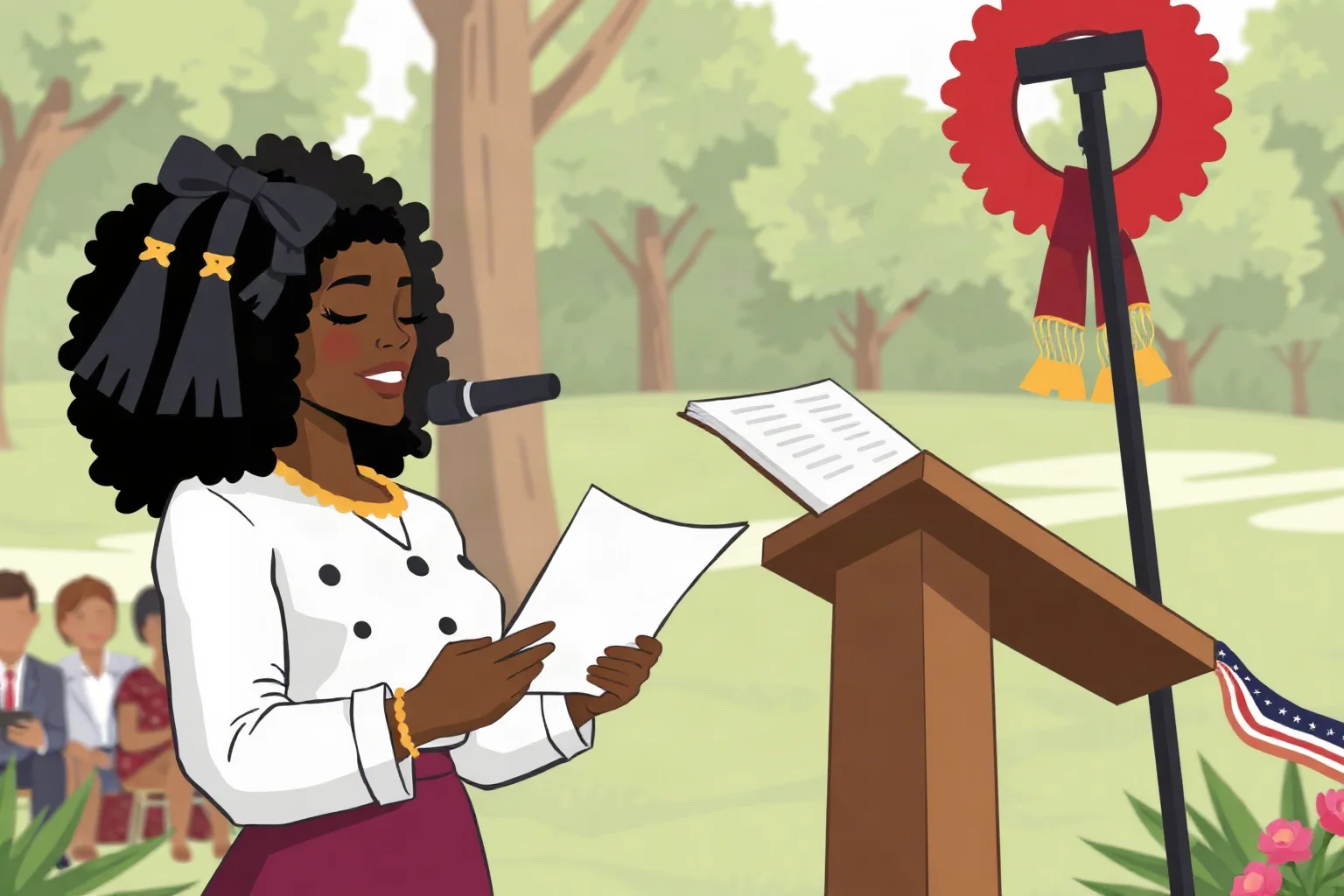 Illustration of a Black woman poet standing at an outdoor podium reading from a paper during a formal ceremony