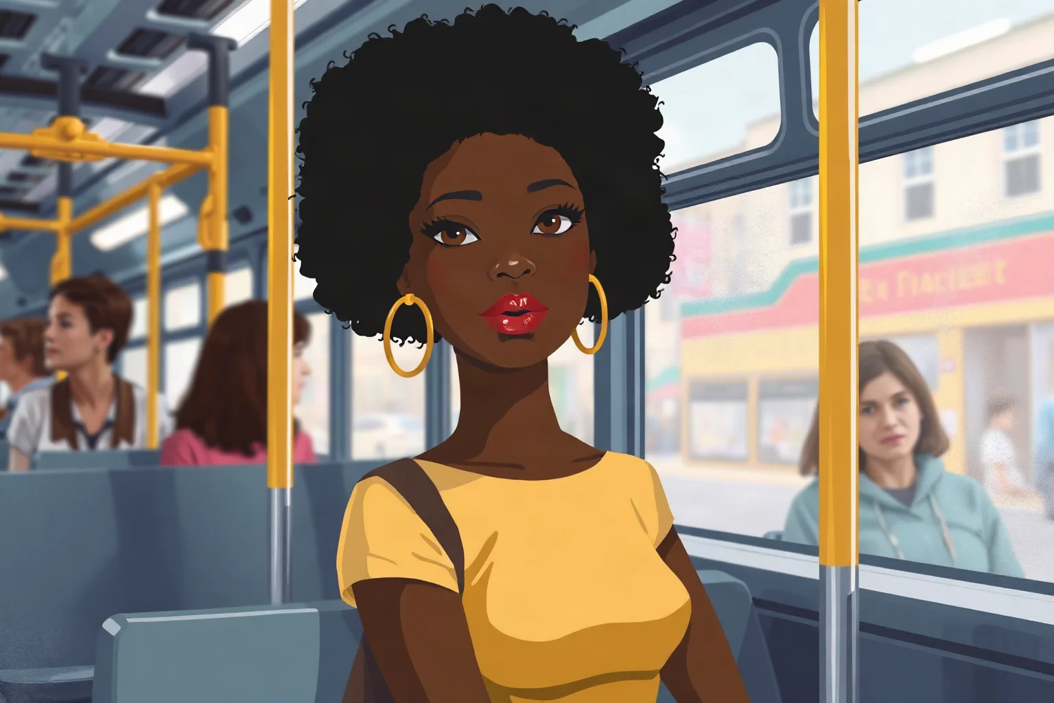 Illustration of a Black woman seated calmly on a vintage city bus, other passengers visible in soft-focus background