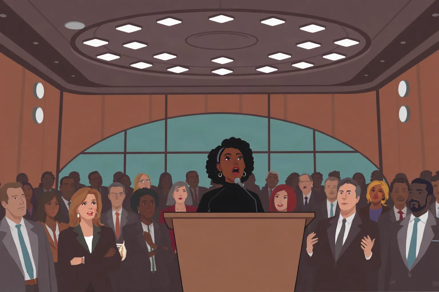 Illustration of a Black woman speaking passionately at a podium before a large formal convention hall audience