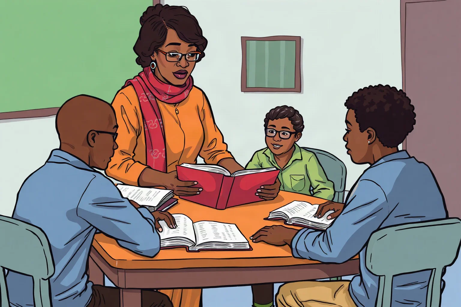 Illustration of a Black woman teacher helping adult students read from books around a simple classroom table
