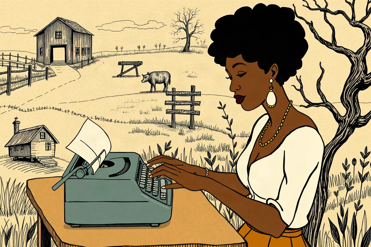 Illustration of a Black woman writer at a typewriter surrounded by folklore-style sketches and Southern countryside imagery