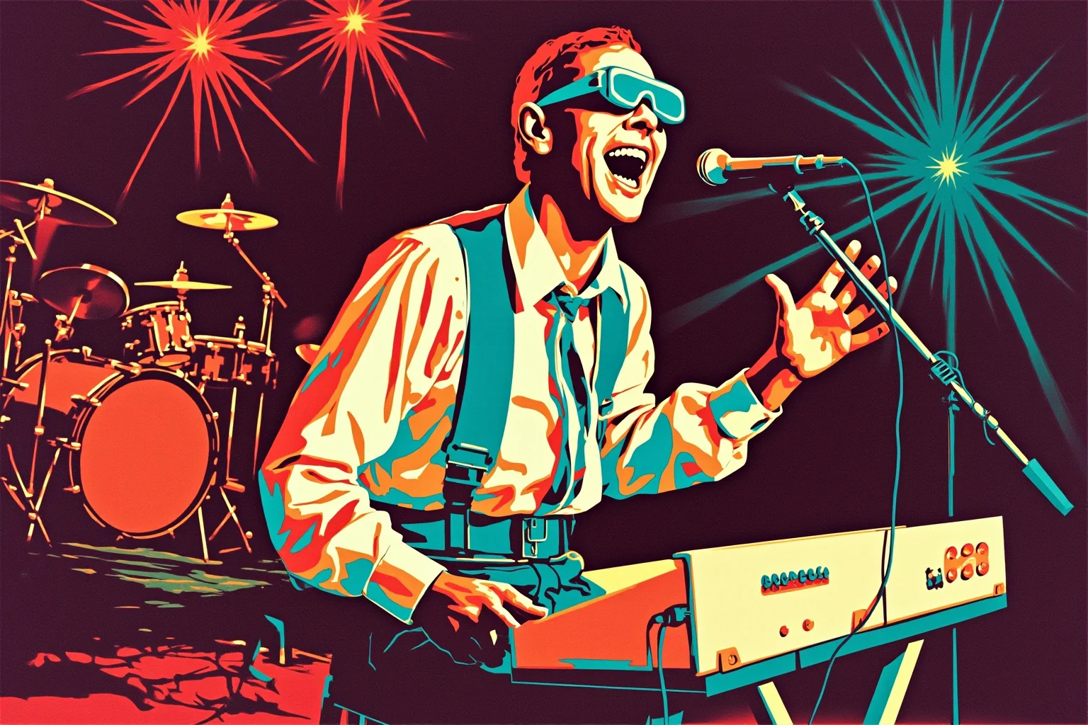 Illustration of a blind musician joyfully singing and playing keyboard on a colorful 1970s concert stage