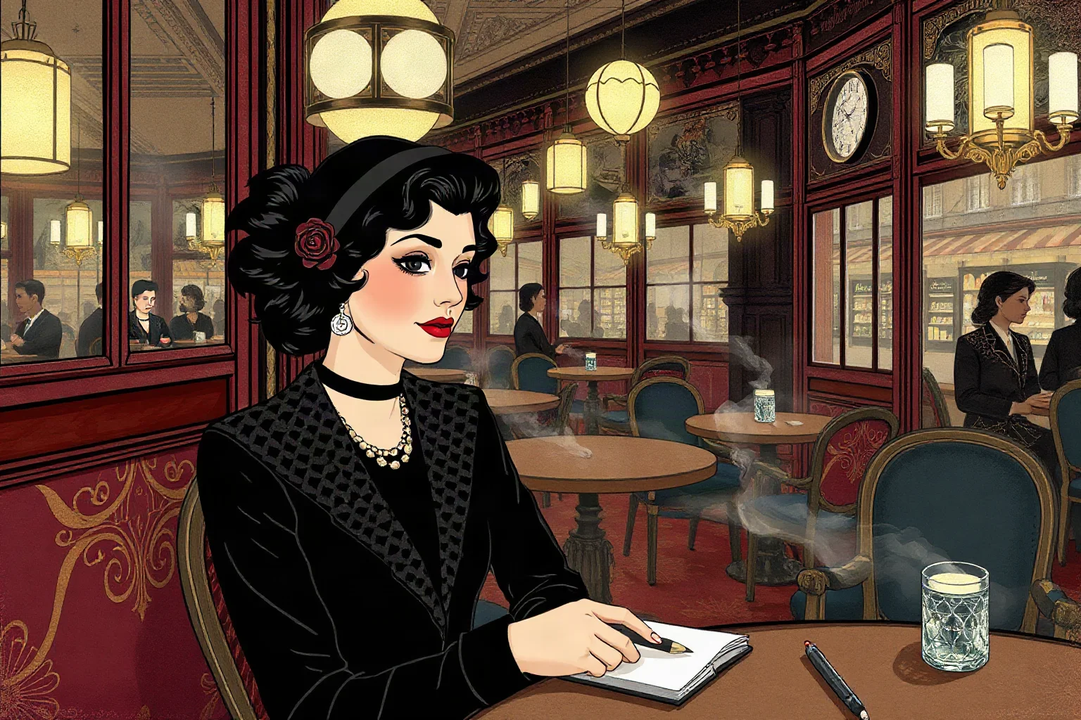 Illustration of a bohemian 1920s woman writer in a smoky Paris café, notebook in hand, art deco patterns