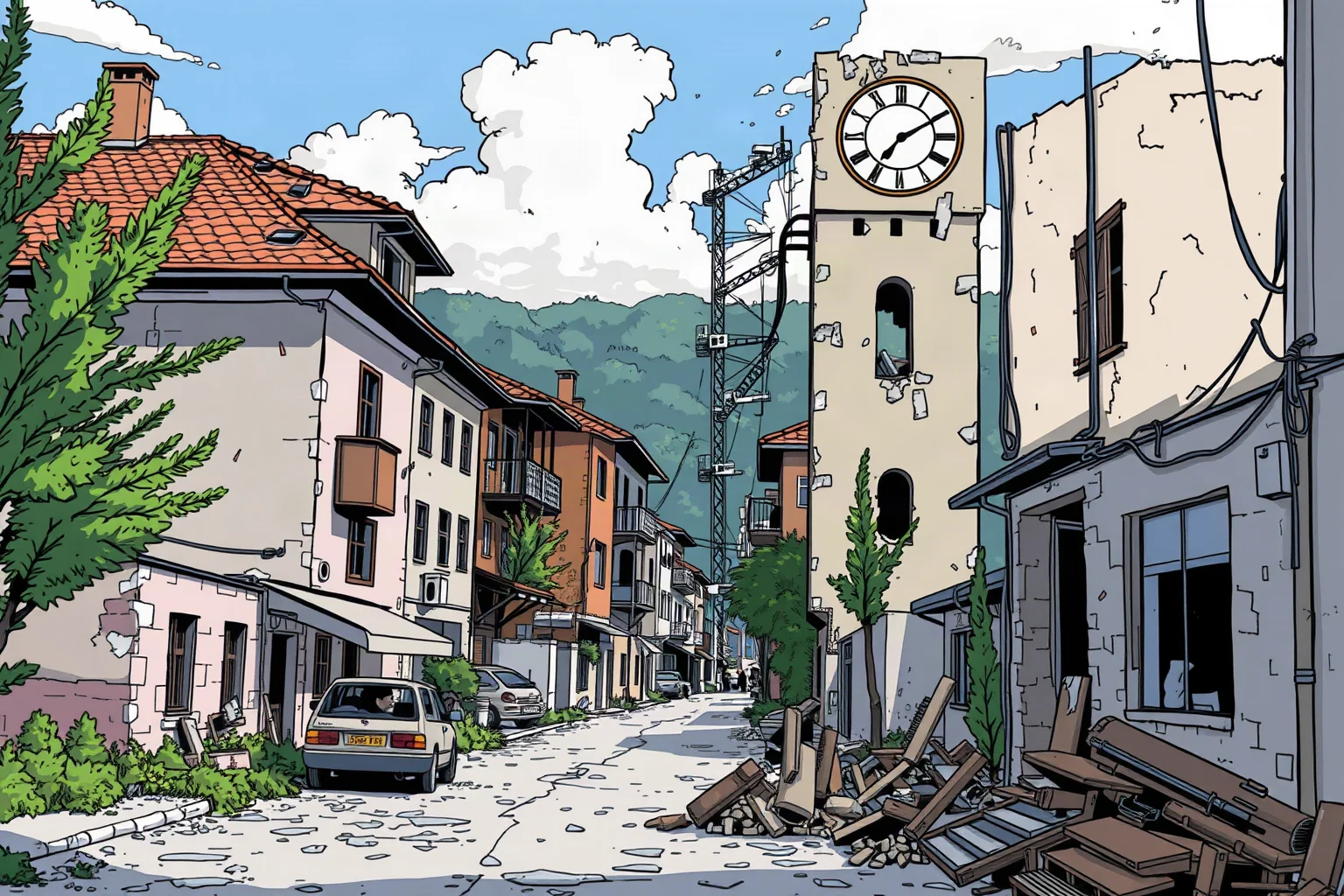 Illustration of a bombed-out 1990s Balkan town street with a shattered clock tower