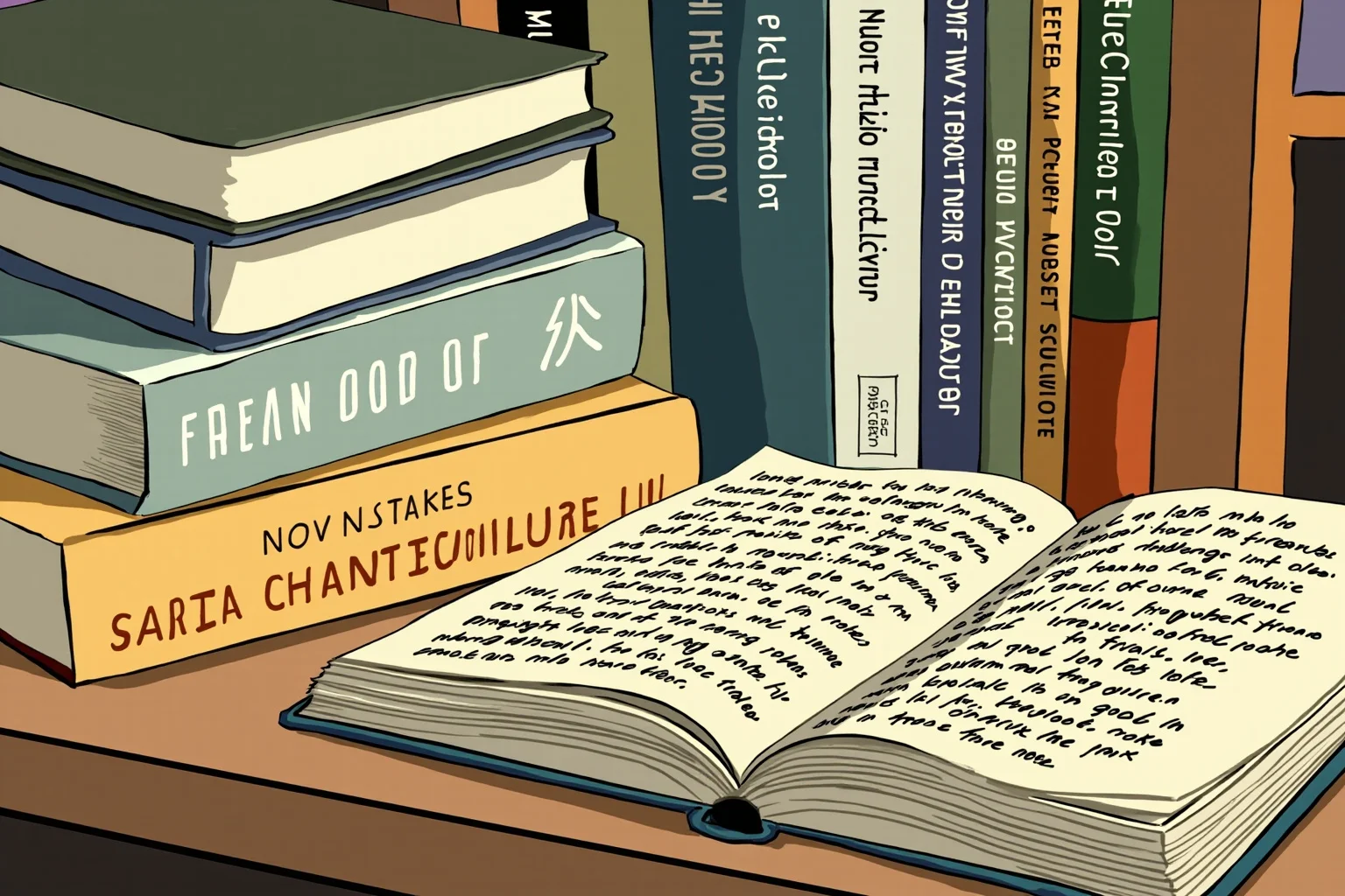 Illustration of a bookshelf featuring stacked geology and economics texts beside a naturalist's notebook