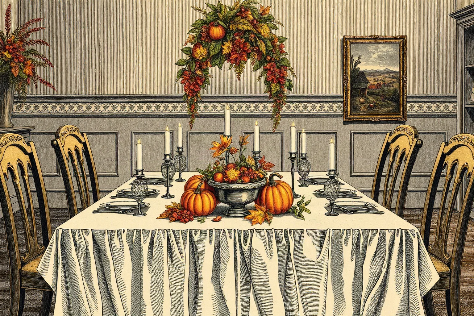 Illustration of a bountiful 1860s Thanksgiving dinner table set with autumn harvest decorations
