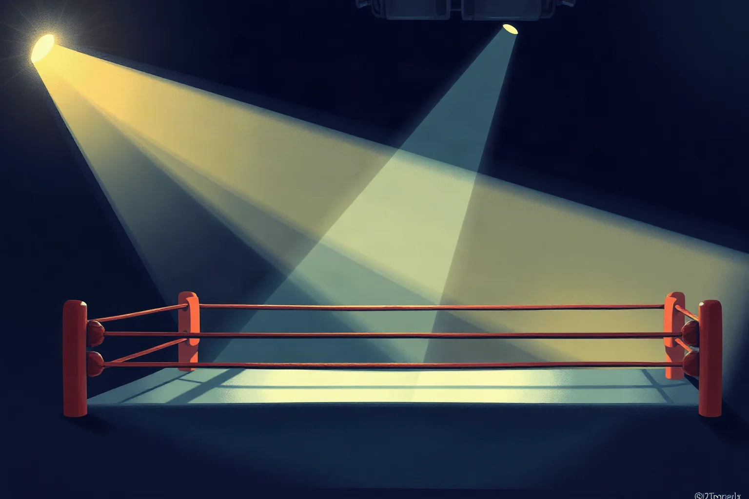 Illustration of a boxing ring with dramatic spotlight, gloves raised, motion blur suggesting quick footwork