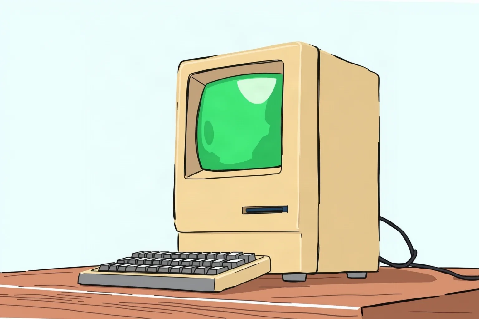 Illustration of a boxy beige early personal computer with a small green-screen monitor on a wooden desk