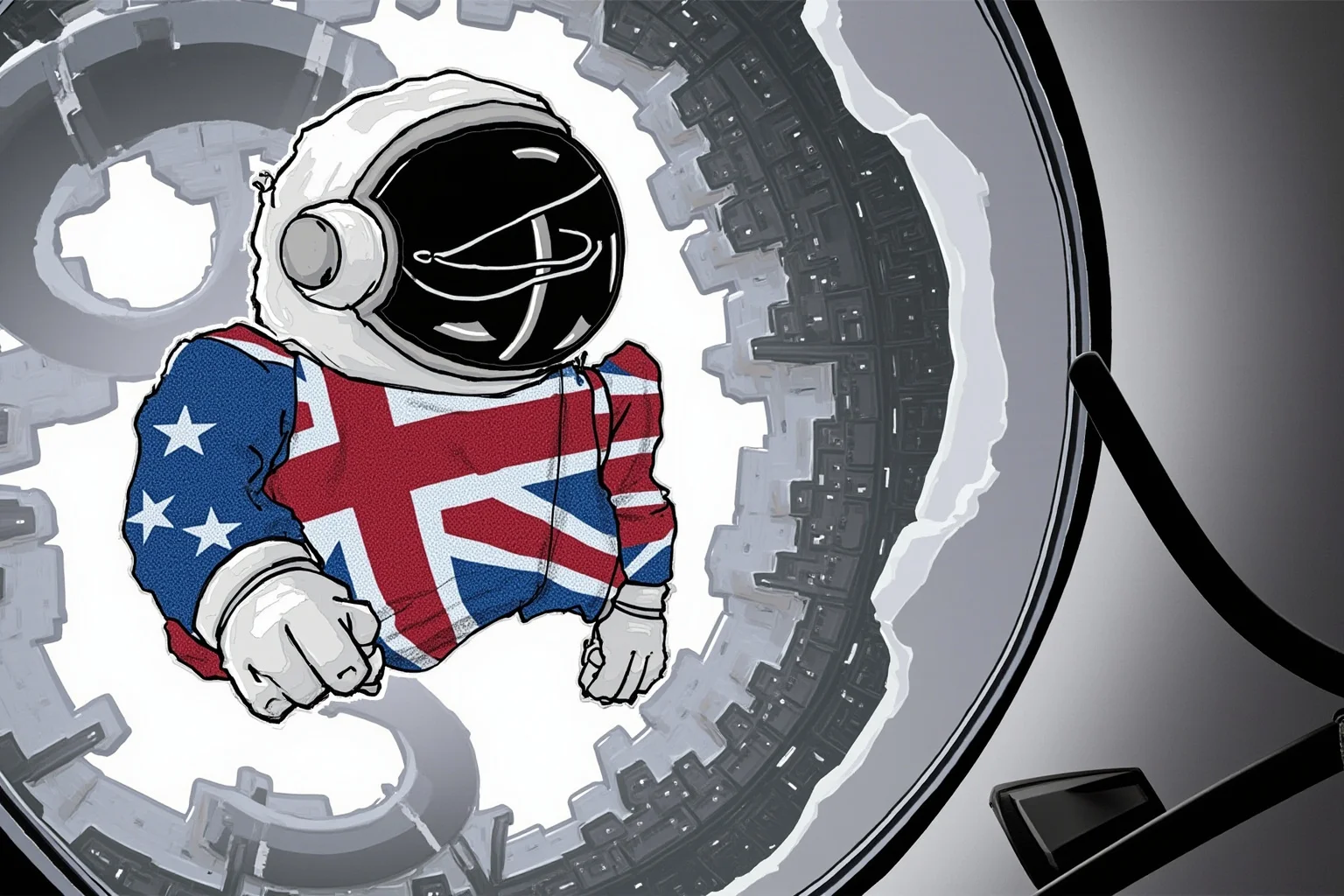Illustration of a British flag patch on an astronaut's spacesuit sleeve, floating inside an ISS module with a treadmill nearby