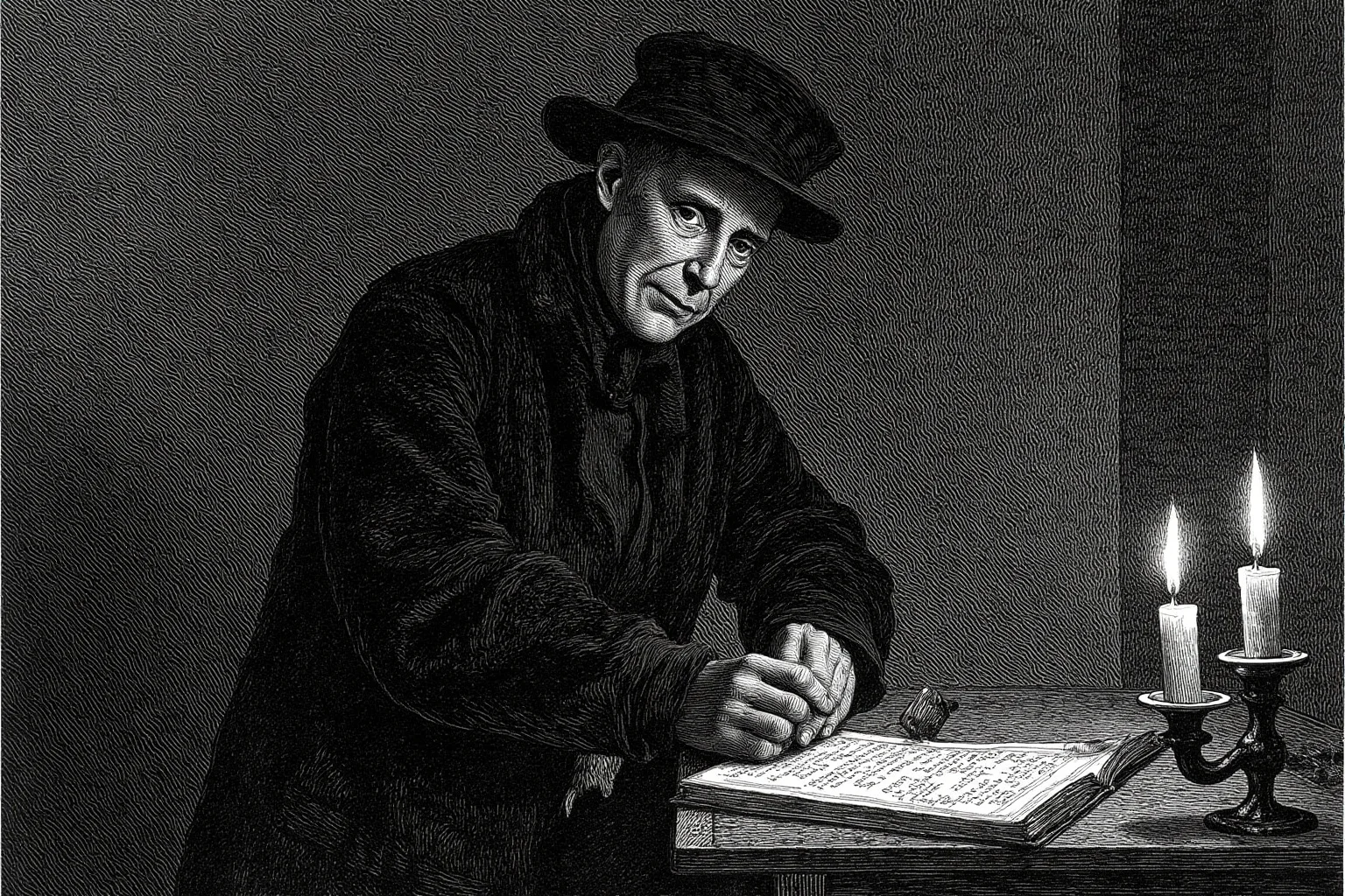 Lord Byron and Lady Caroline Lamb: History's Messiest Love Story 5 Illustration of a brooding Regency-era gentleman poet in dark clothing standing by a candlelit writing desk