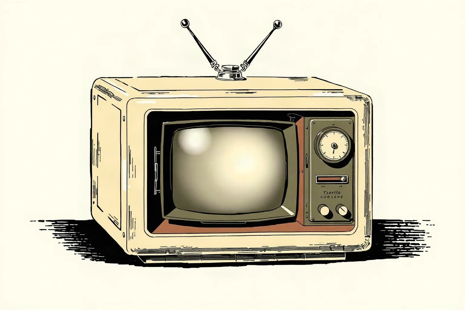 Illustration of a bulky mechanical television set from the 1920s with a small glowing screen and dials