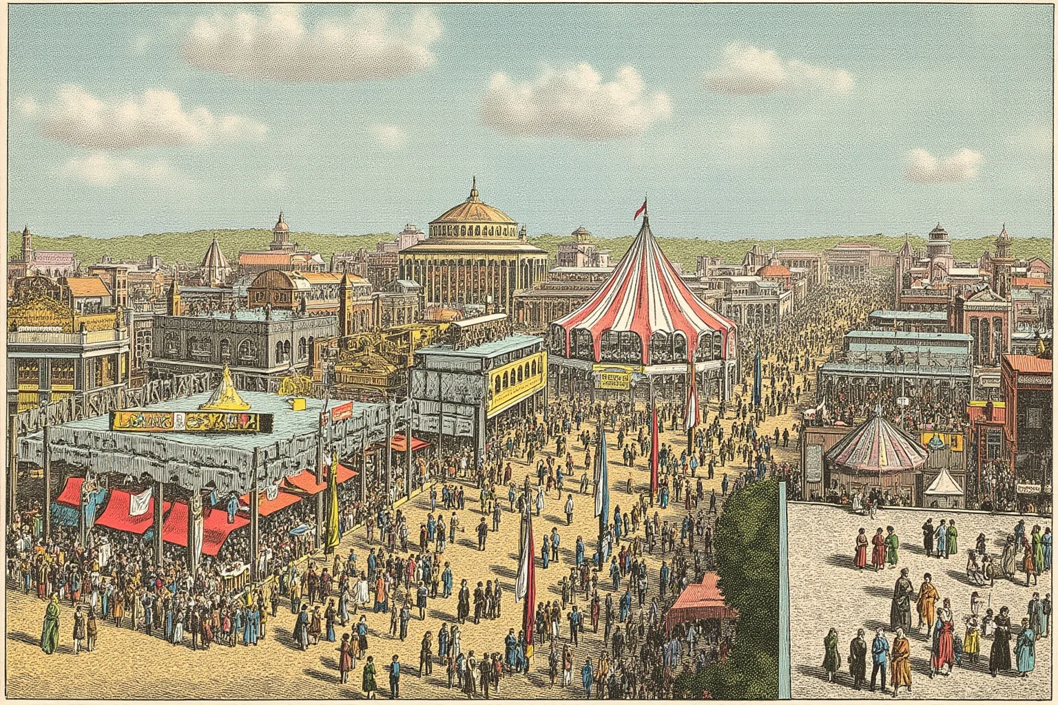 Illustration of a bustling early 1900s world's fair midway with crowds and exposition-style architecture