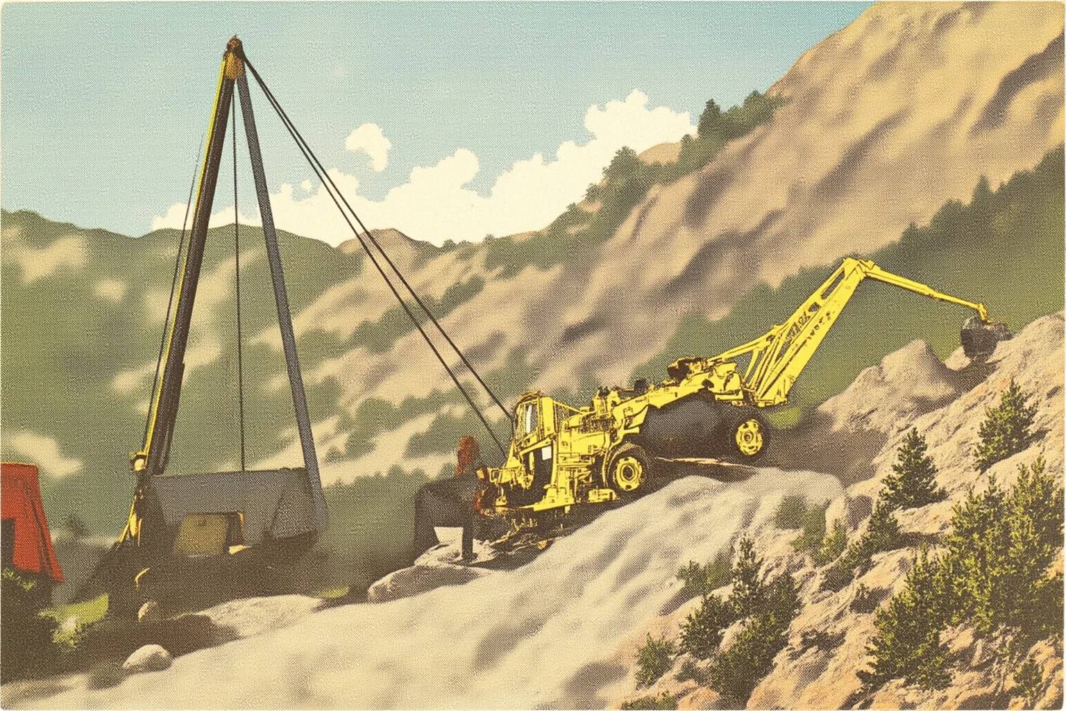 Illustration of a bustling mid-20th-century construction site in mountainous terrain with machinery