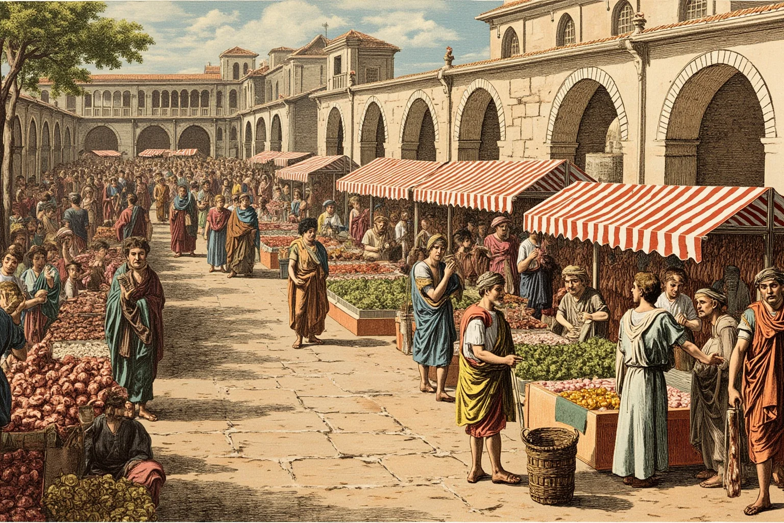 The Role of Markets and Bazaars in Ancient Economies 3 Illustration of a bustling Roman macellum food market with vendors selling produce and meat