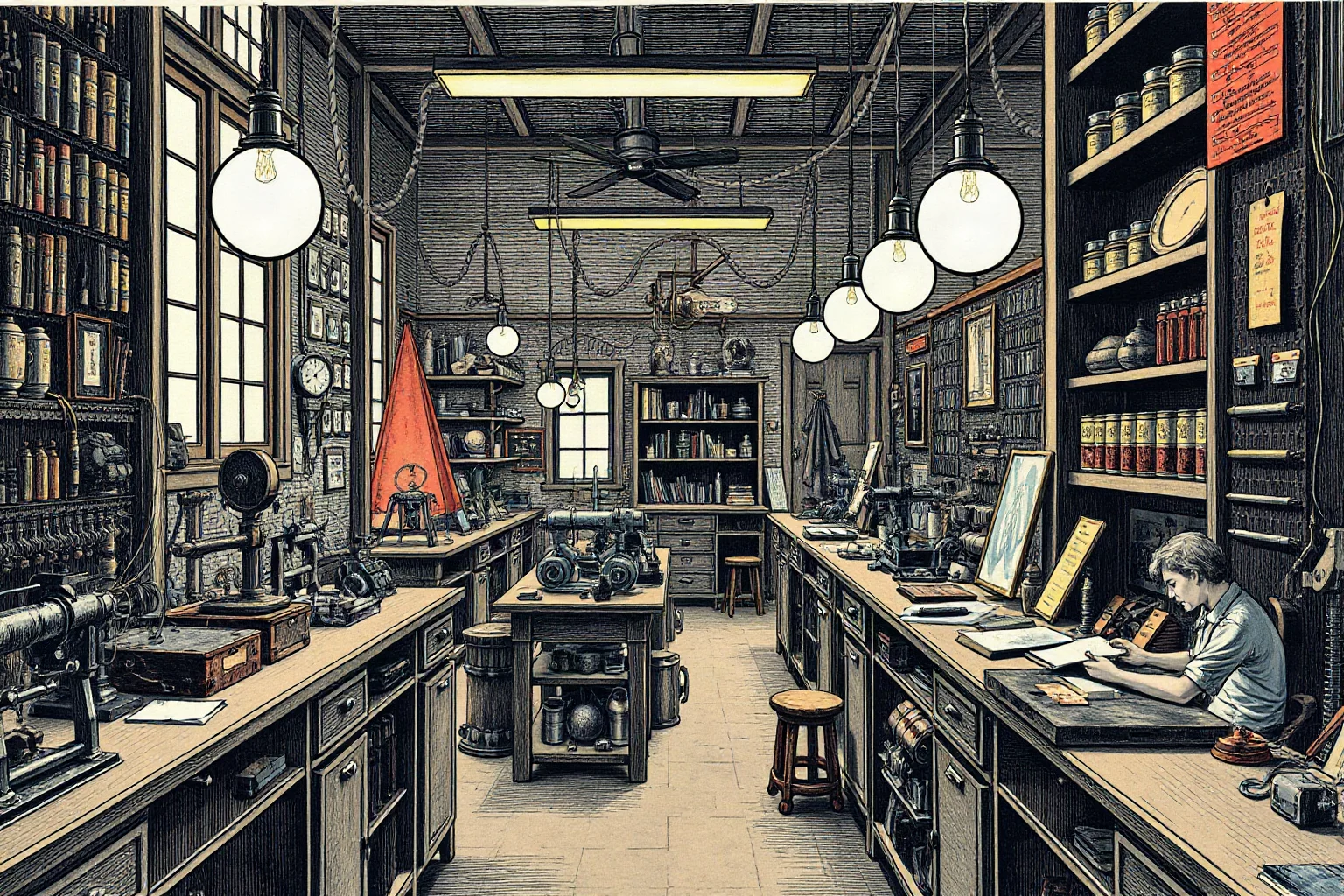 Illustration of a busy 1880s laboratory workshop filled with early light bulbs, wires, and mechanical tools