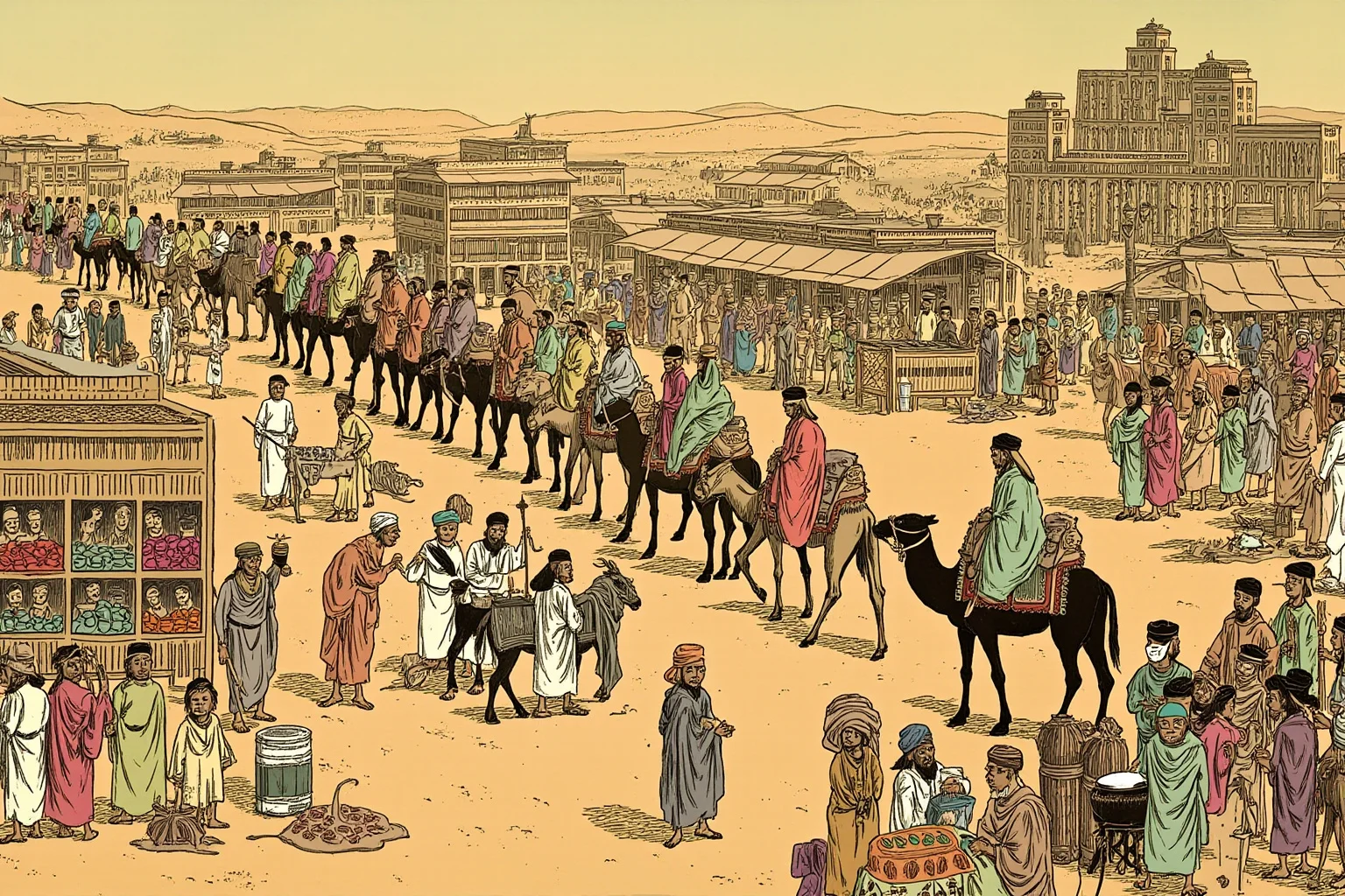 The Role of Markets and Bazaars in Ancient Economies 7 Illustration of a busy Silk Road bazaar with camel caravans and merchants selling silk and spices