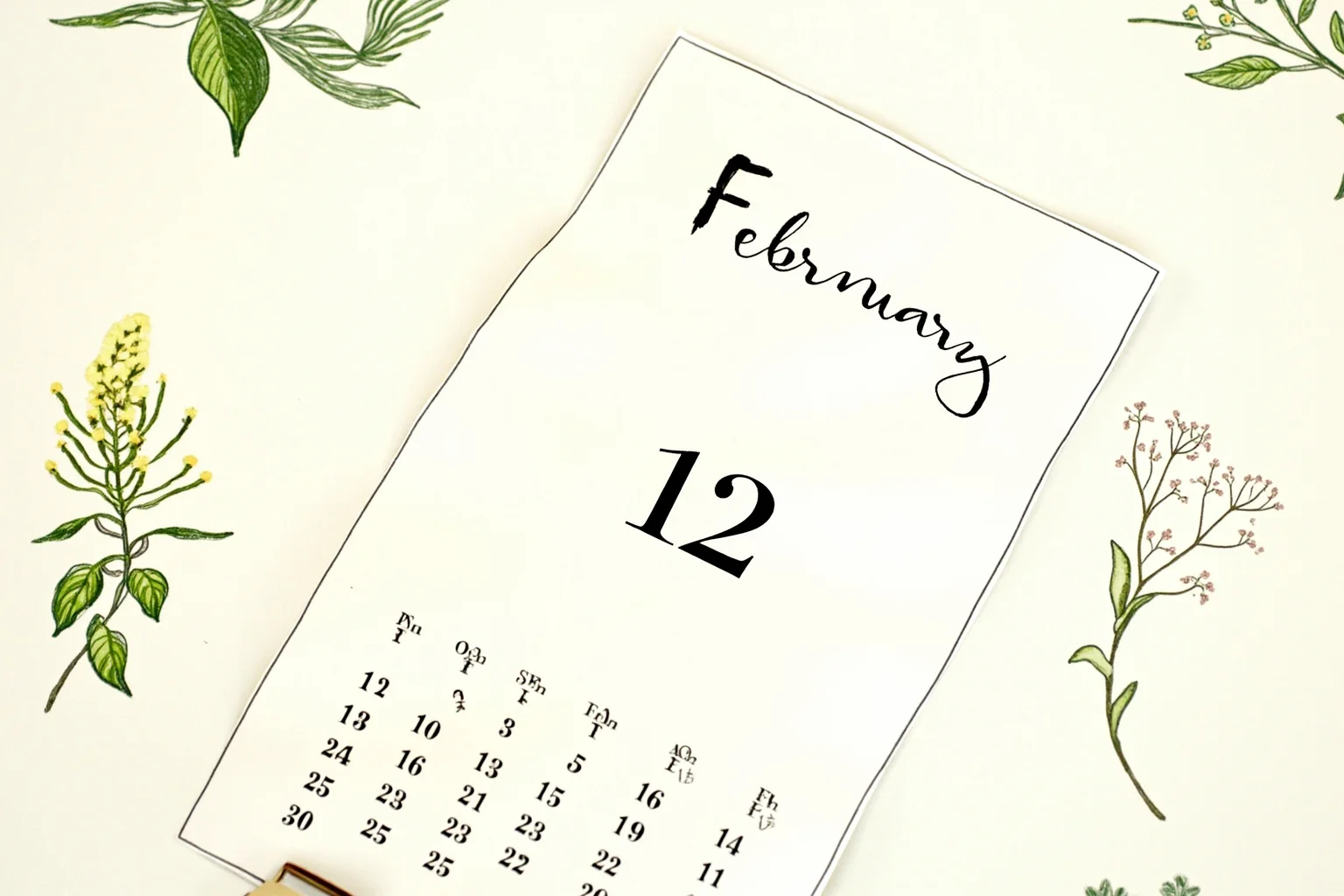 Illustration of a calendar page marked February 12th surrounded by small botanical sketches