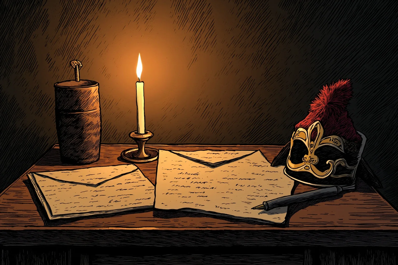 Surprising Facts About Marie Antoinette (And 10 Misconceptions) 14 Illustration of a candlelit writing desk with a quill, sealed letters, and an 18th-century military officer's hat nearby