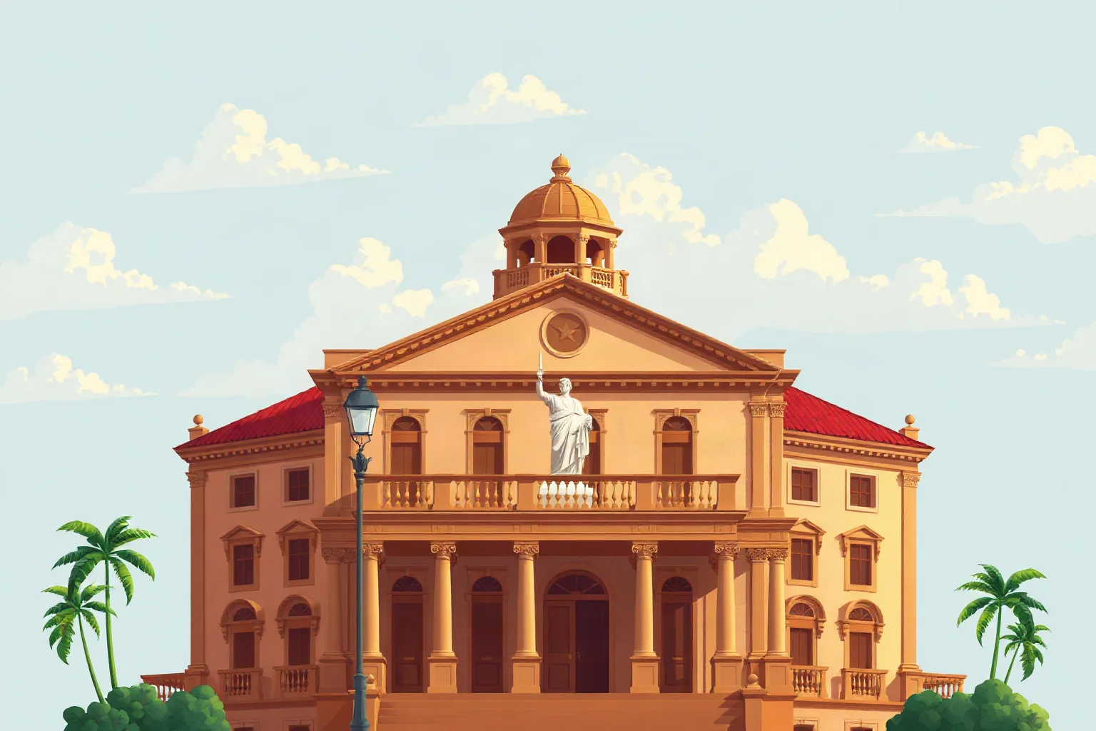 Illustration of a Caribbean colonial-style capital building with a grand statue silhouette