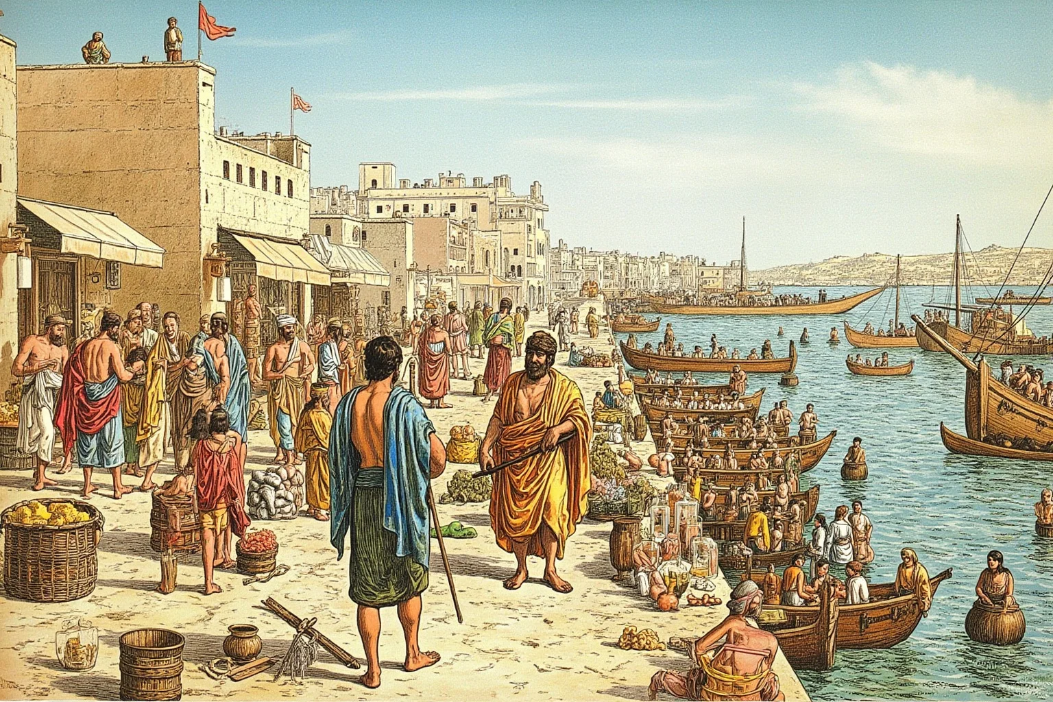 The Role of Markets and Bazaars in Ancient Economies 12 Illustration of a Carthaginian harbor market with Mediterranean traders and goods