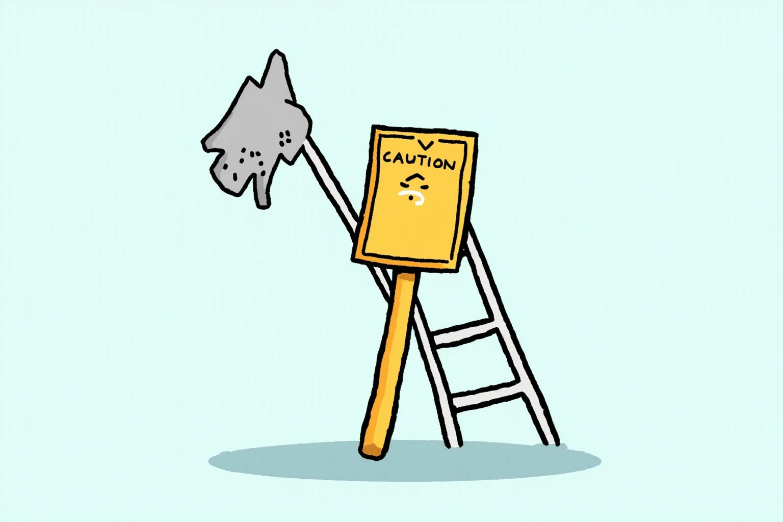 Illustration of a cartoonish caution sign with a wobbling ladder, evoking a lighthearted mishap warning