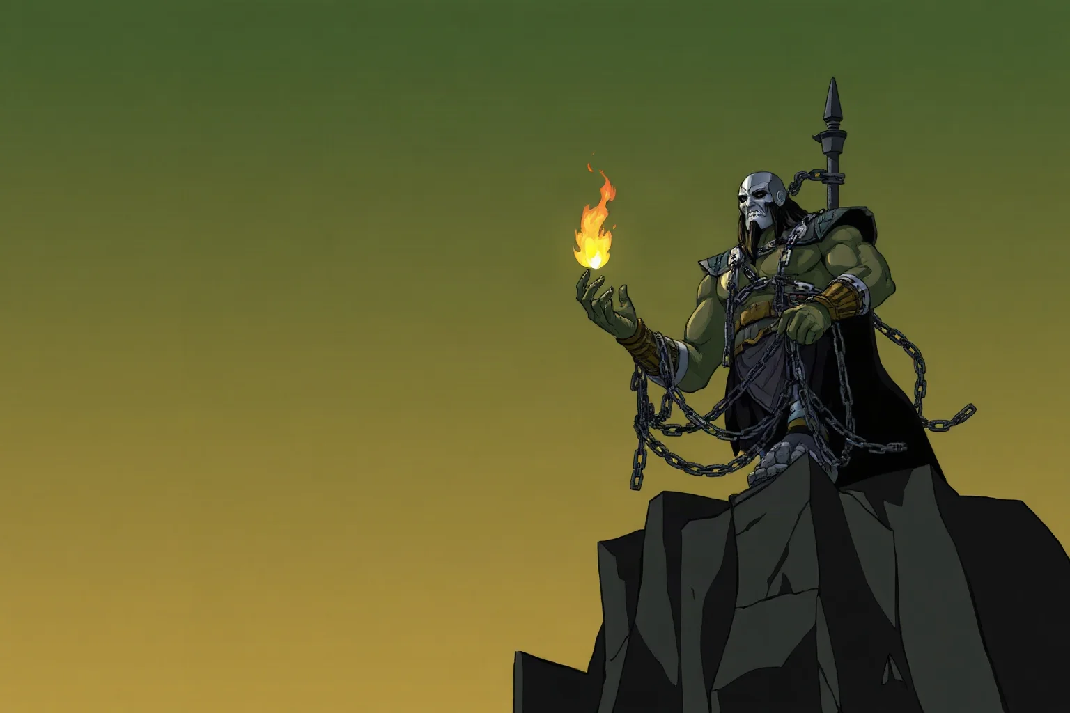 Illustration of a chained Titan figure on a mountain cliff with a small flame glowing in his hand