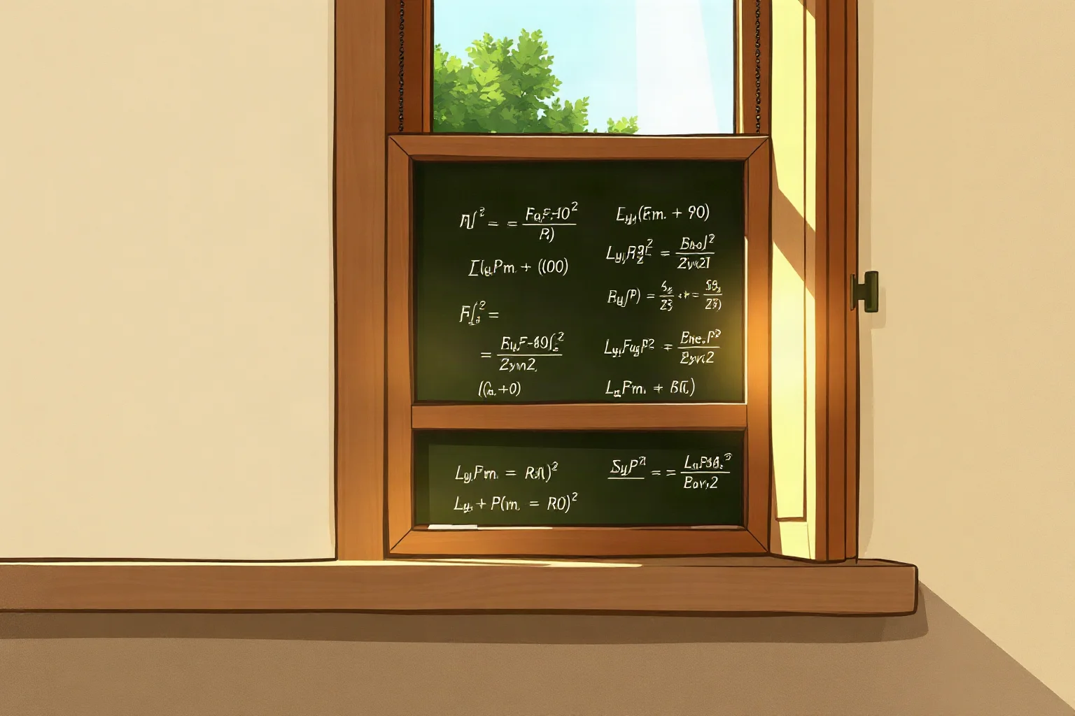 Illustration of a chalkboard covered in scientific equations beside an open window with sunlight streaming in