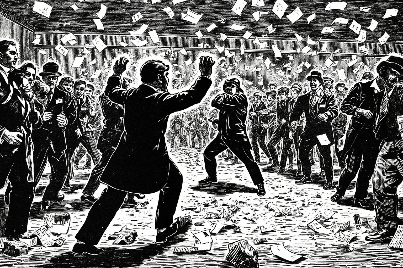 25 Most Memorable Dates in History (And Why They Still Matter) 14 Illustration of a chaotic 1920s stock exchange floor with scattered papers and panicked traders