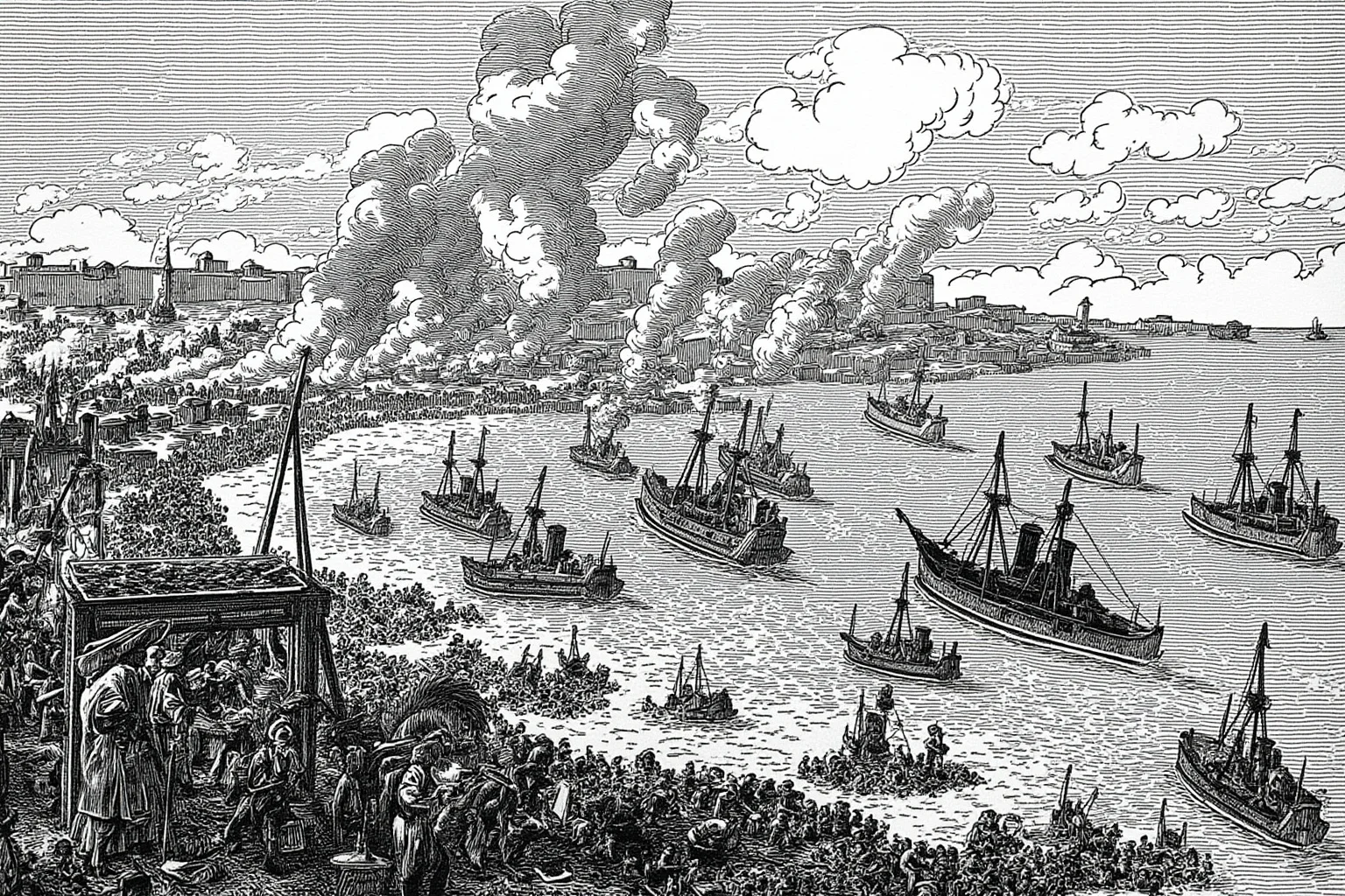Illustration of a chaotic amphibious raid on a fortified European coastline with smoke and landing craft