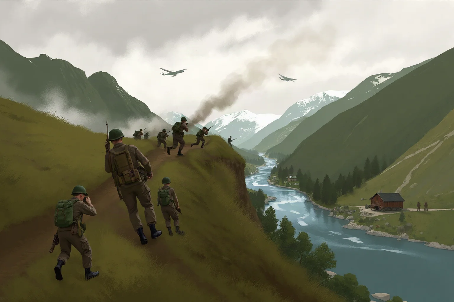 Illustration of a chaotic army retreat across a mountainous river valley on the Italian Front