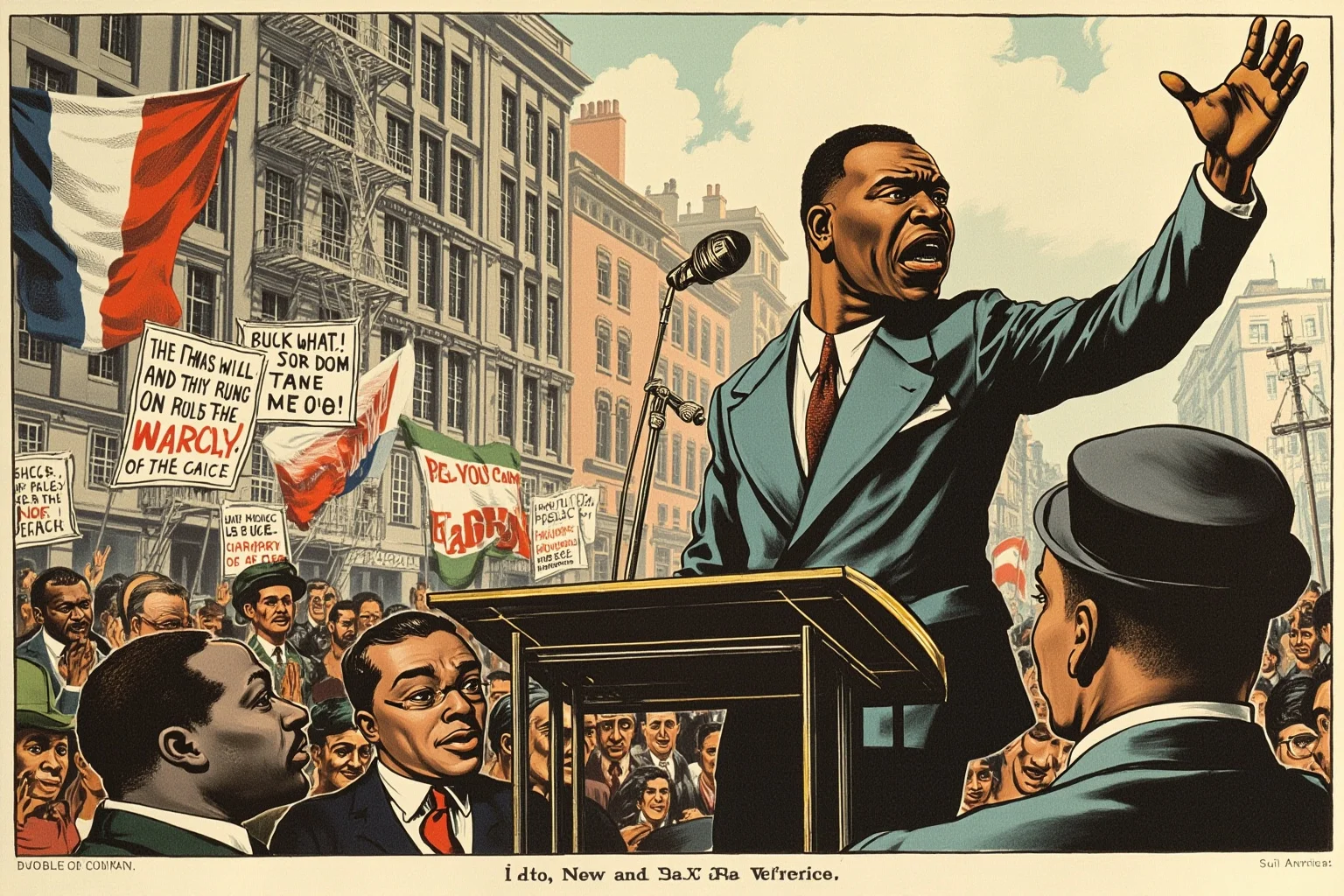 Illustration of a charismatic 1920s Black political speaker addressing a crowd from a small stage on a Harlem street, banners in background