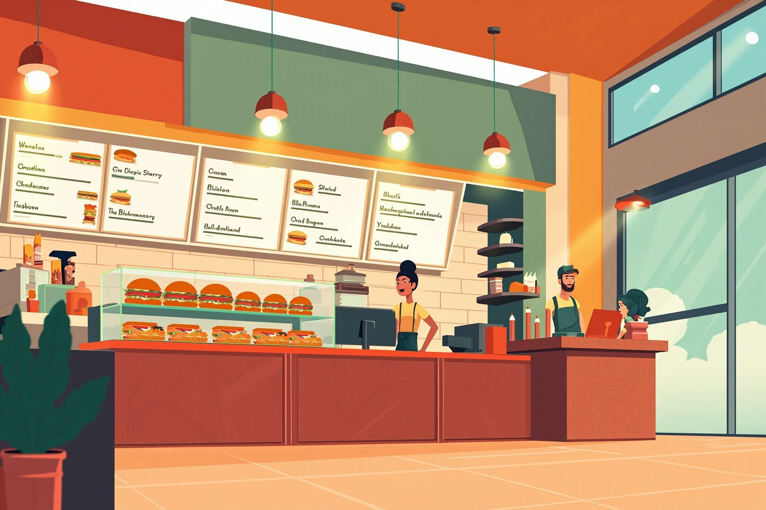 John Montagu, the Earl of Sandwich Who Popularized Our Favorite Lunch Food 22 Illustration of a cheerful modern fast-casual sandwich shop counter with sandwiches on display, warm inviting lighting