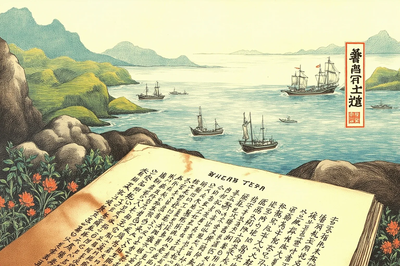 Illustration of a Chinese landscape with foreign ships offshore and a disregarded treaty document in the foreground