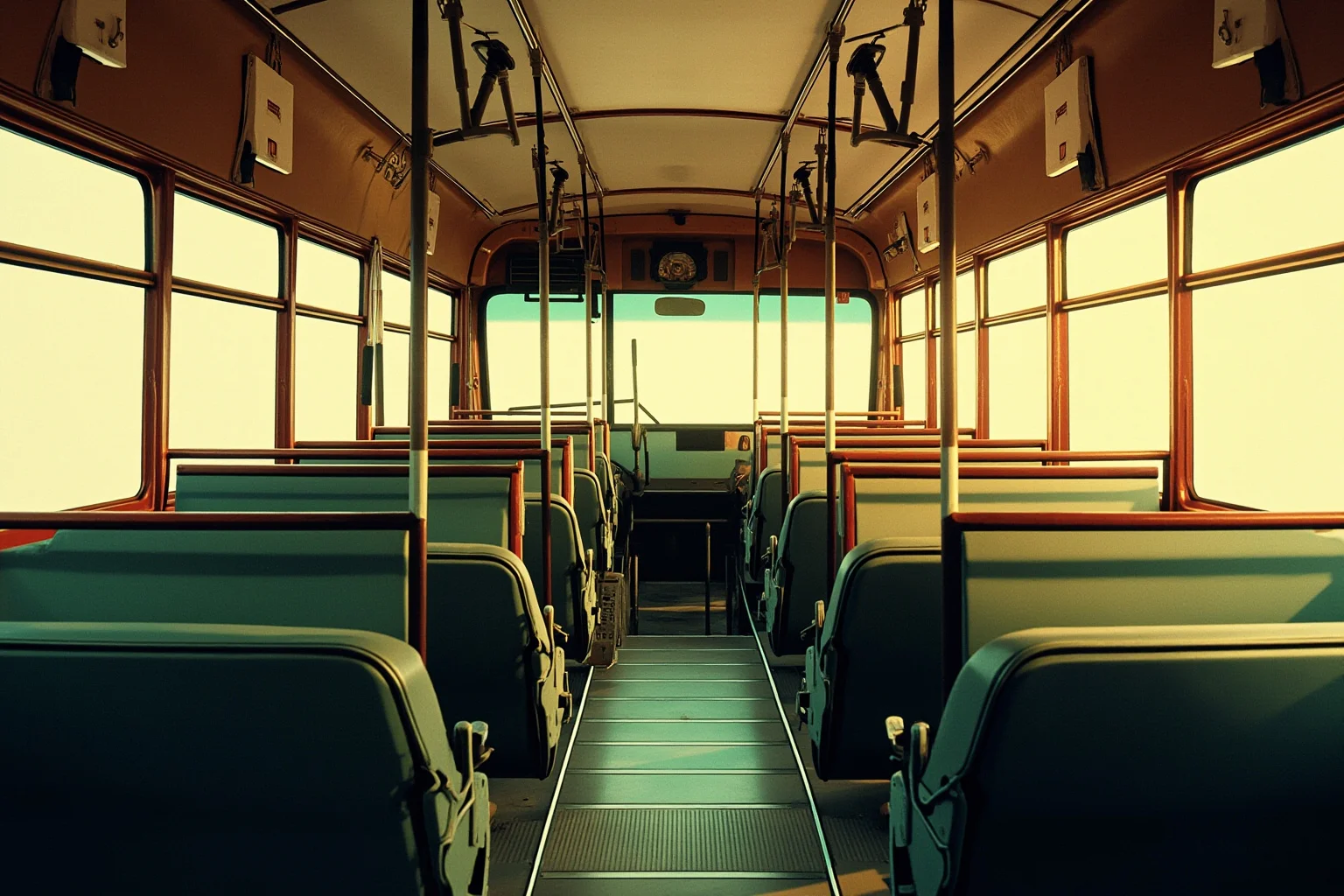 Illustration of a city bus interior from the 1950s with empty seats bathed in afternoon light