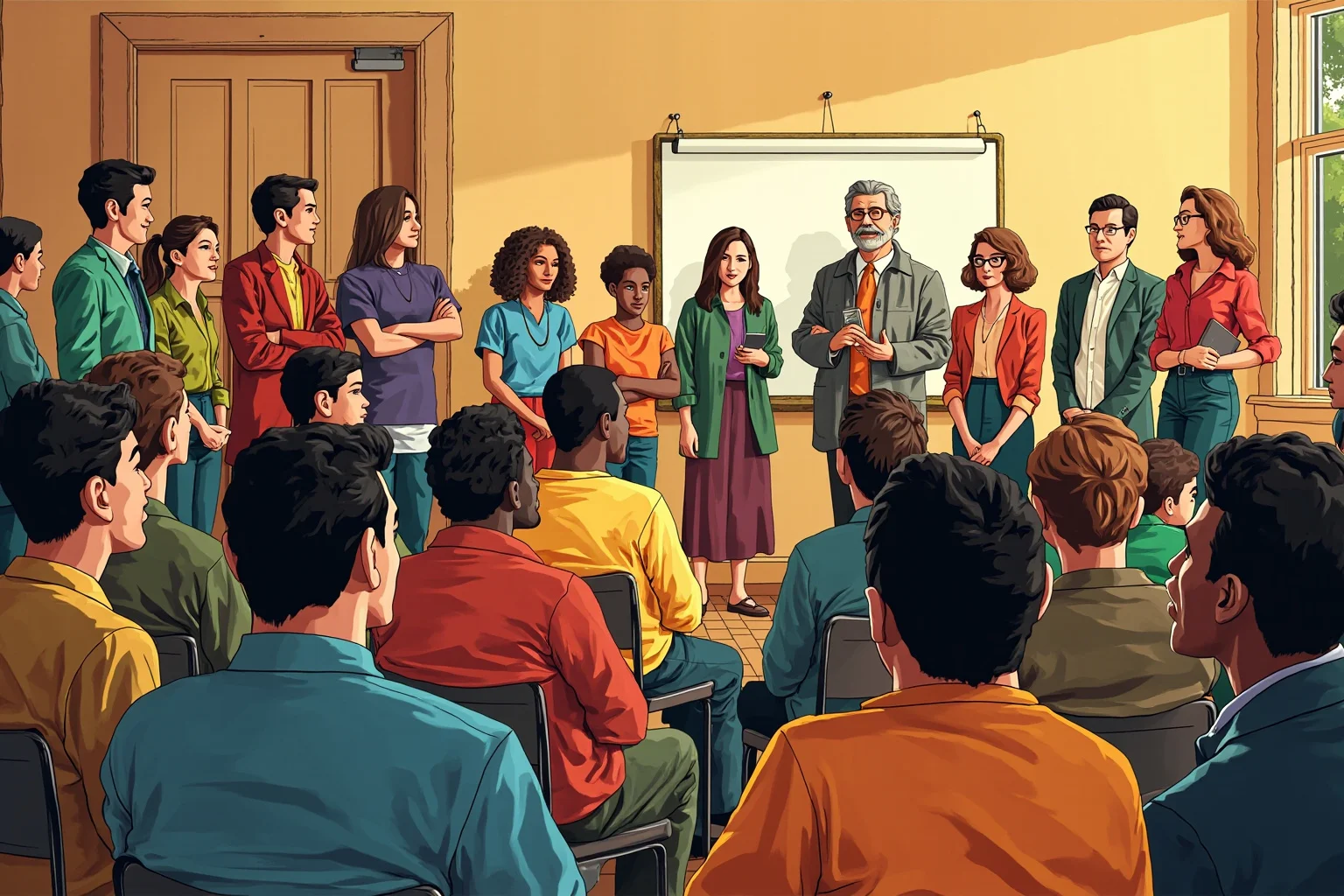 Unsung Heroes History Doesn't Talk About Enough 8 Illustration of a civil rights era community organizer speaking with a small group of people gathered in a modest meeting hall